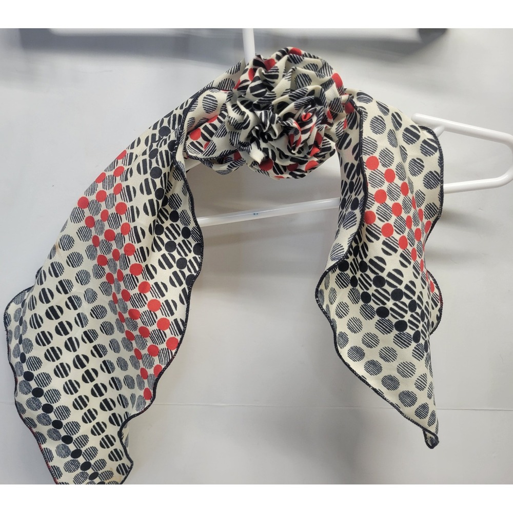 Vintage Polka Dot Scarf‎ Red Black Cream Accordion Pleat Ruffle Trim